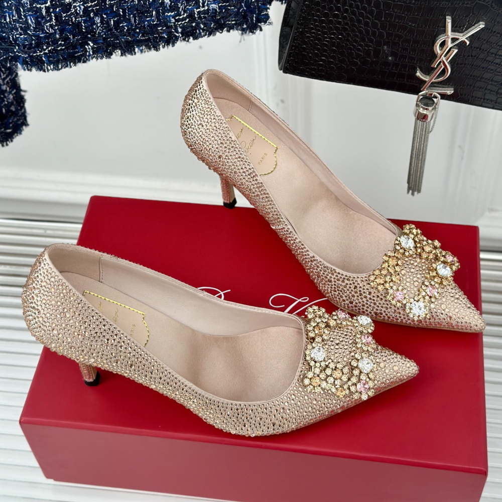高仿RogerVivier*RVW4193雪花水鑽高踭鞋裸色8.5CM免檢版