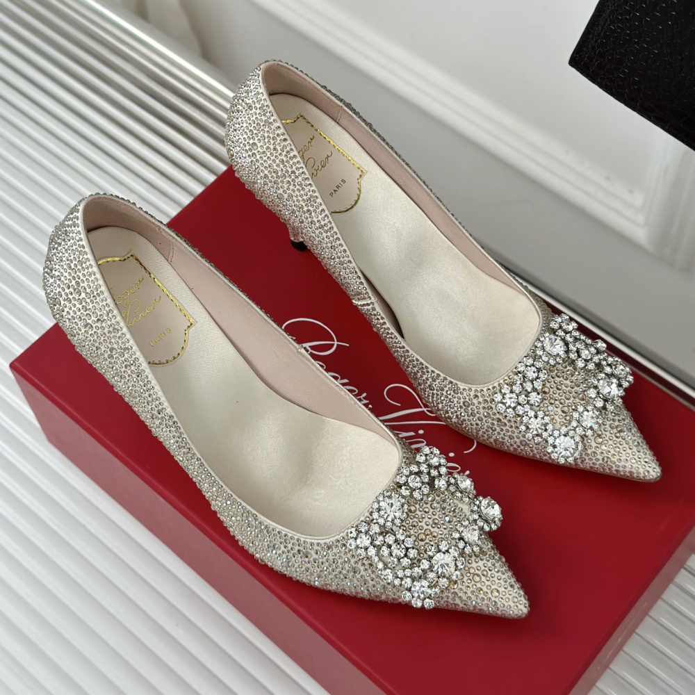 高仿RogerVivier*RVW4194雪花水鑽高踭鞋米白8.5CM免檢版