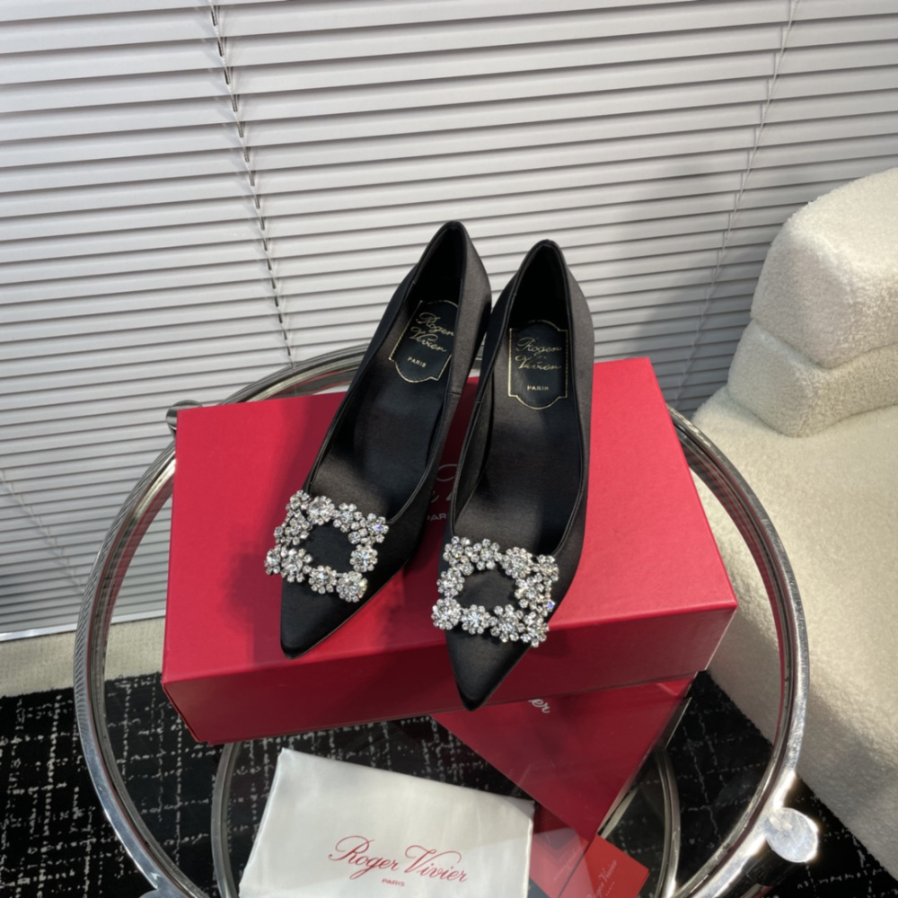 高仿RogerVivier*RVW4141水鑽真絲高踭鞋黑色6.5CM免檢版