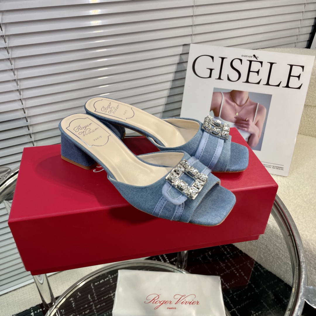 高仿RogerVivier*RVW5363鑽扣一字拖鞋牛仔布4.5CM免檢版