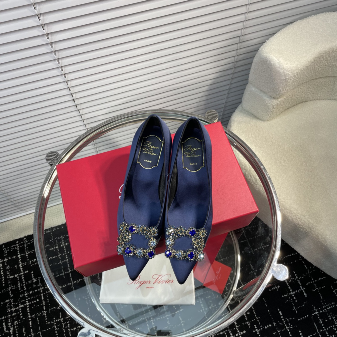 高仿RogerVivier*RVW4145水鑽真絲高踭鞋藍色6.5CM免檢版