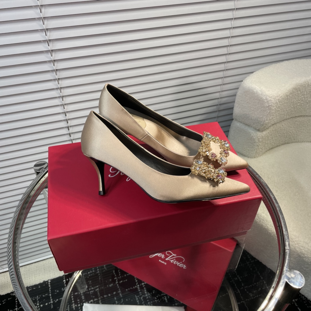 高仿RogerVivier*RVW4142水鑽真絲高踭鞋銅色6.5CM免檢版