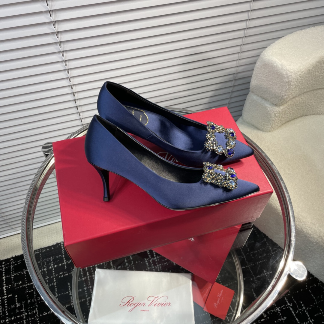 高仿RogerVivier*RVW4145水鑽真絲高踭鞋藍色6.5CM免檢版
