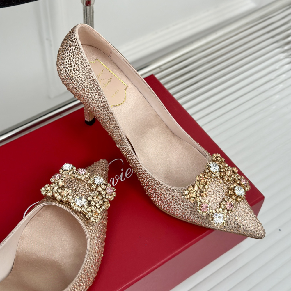 高仿RogerVivier*RVW4193雪花水鑽高踭鞋裸色8.5CM免檢版