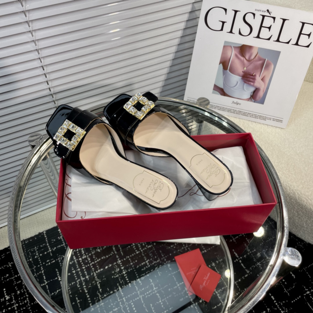 高仿RogerVivier*RVW5364鑽扣一字拖鞋漆皮黑色4.5CM免檢版