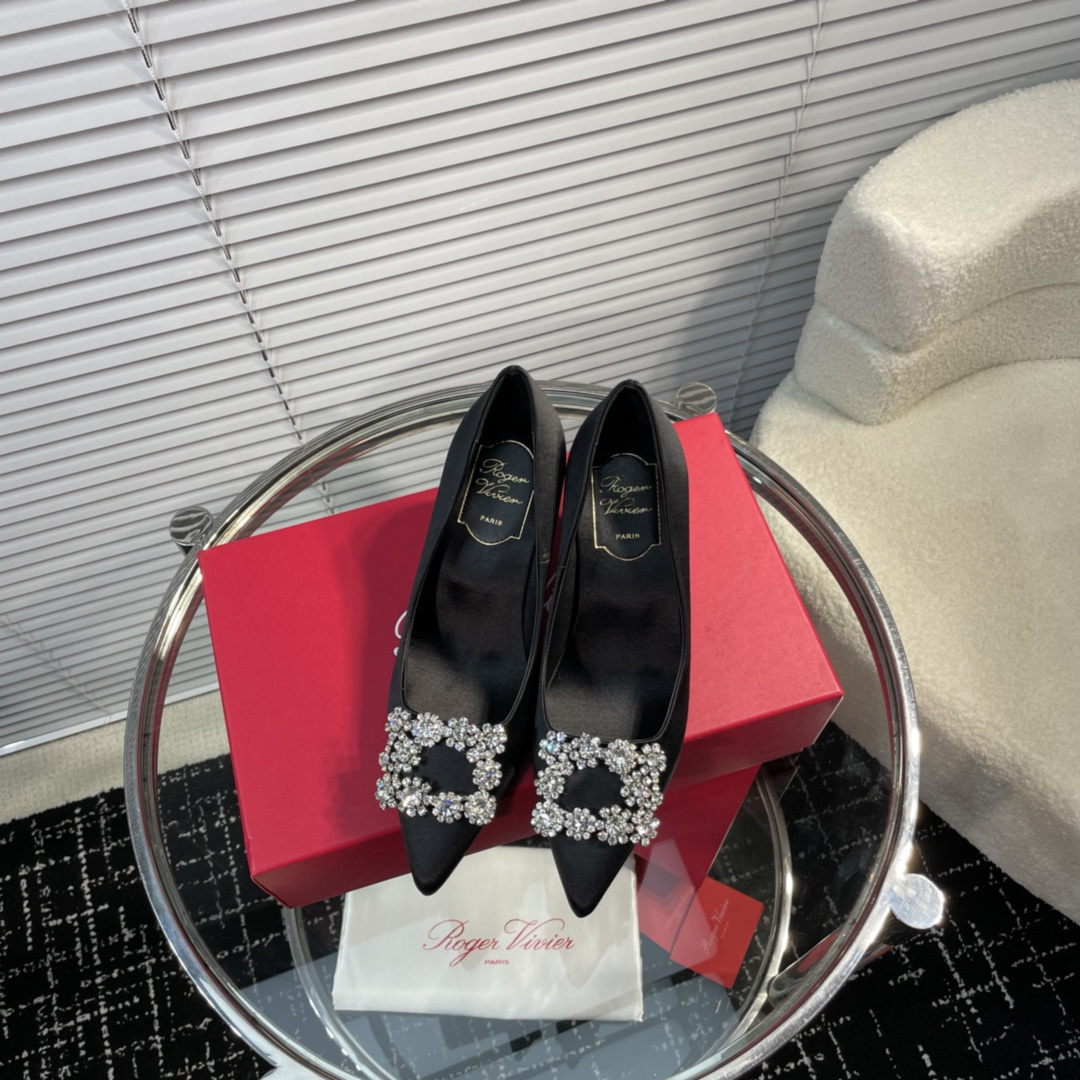 高仿RogerVivier*RVW4141水鑽真絲高踭鞋黑色6.5CM免檢版