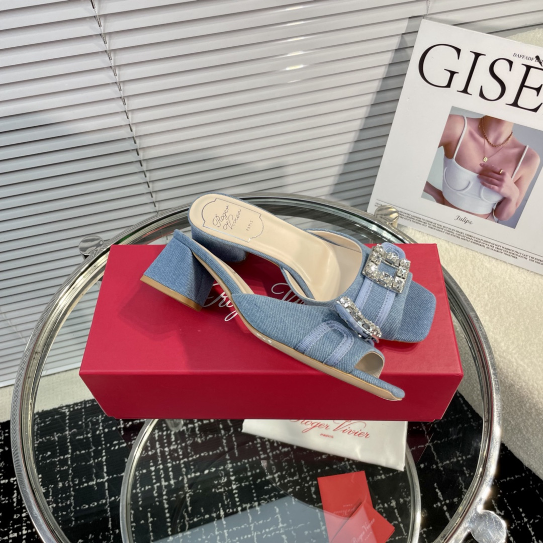 高仿RogerVivier*RVW5363鑽扣一字拖鞋牛仔布4.5CM免檢版