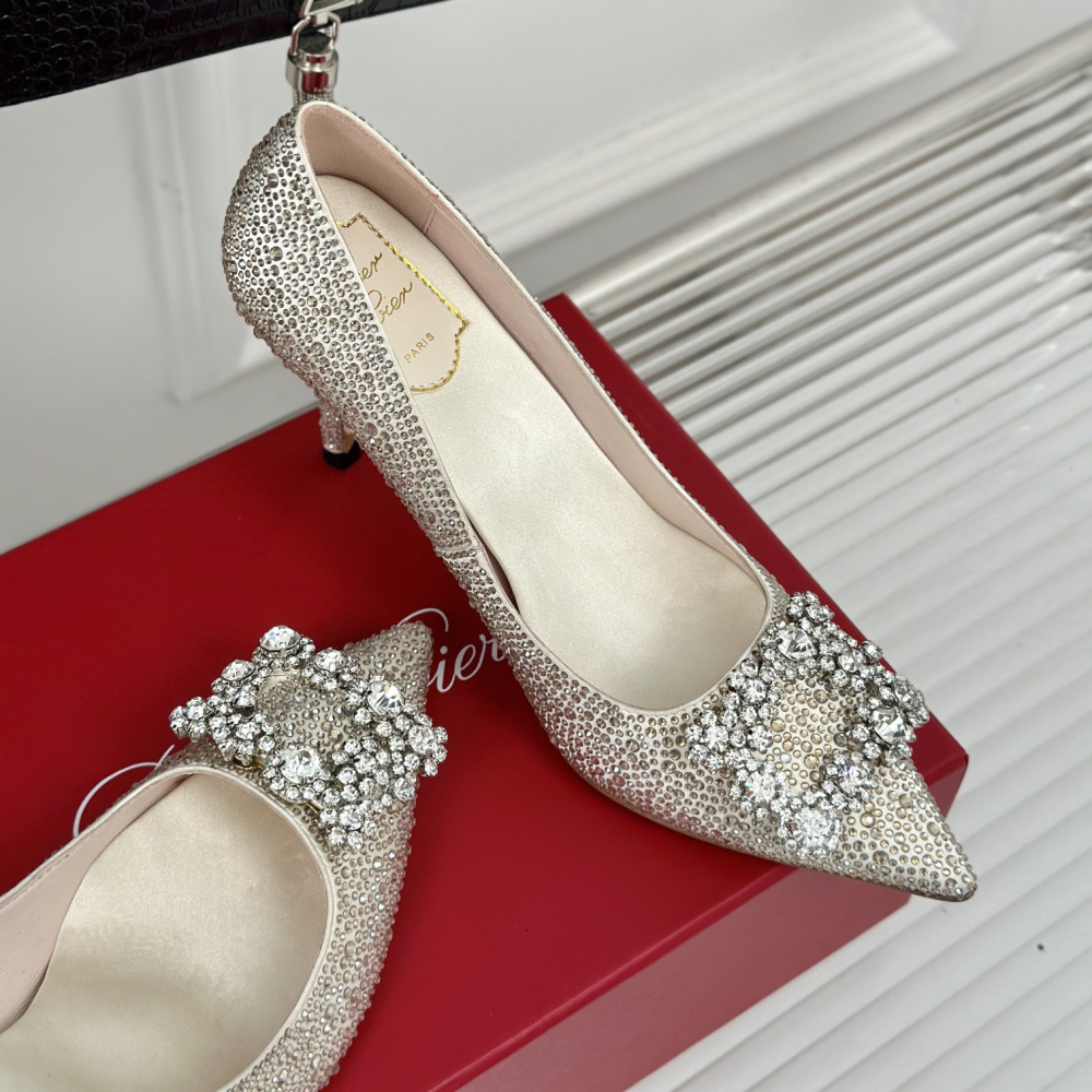高仿RogerVivier*RVW4194雪花水鑽高踭鞋米白8.5CM免檢版