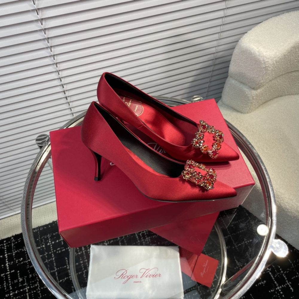 高仿RogerVivier*RVW4143水鑽真絲高踭鞋紅色6.5CM免檢版