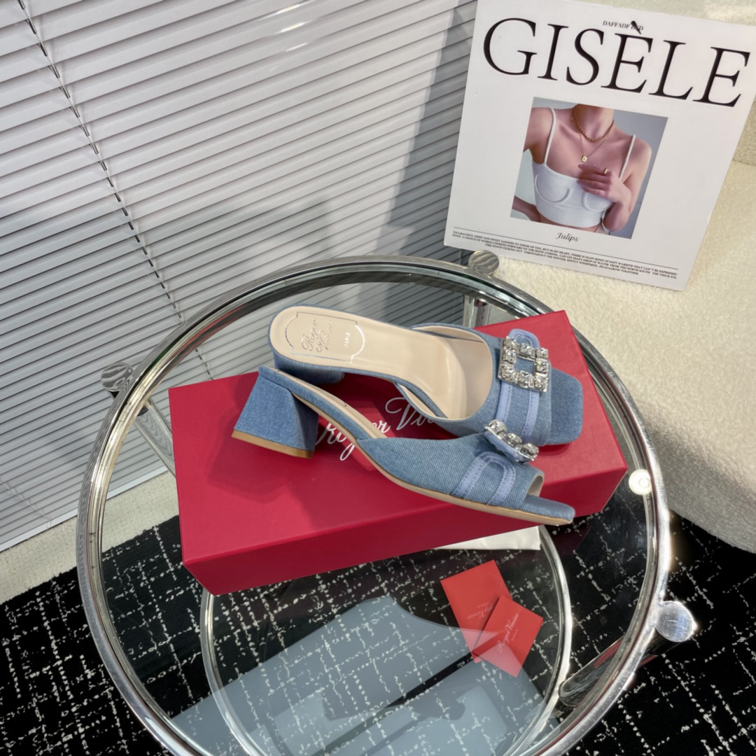 高仿RogerVivier*RVW5363鑽扣一字拖鞋牛仔布4.5CM免檢版