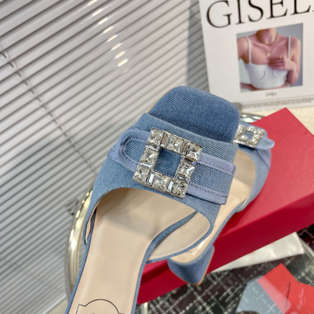 高仿RogerVivier*RVW5363鑽扣一字拖鞋牛仔布4.5CM免檢版
