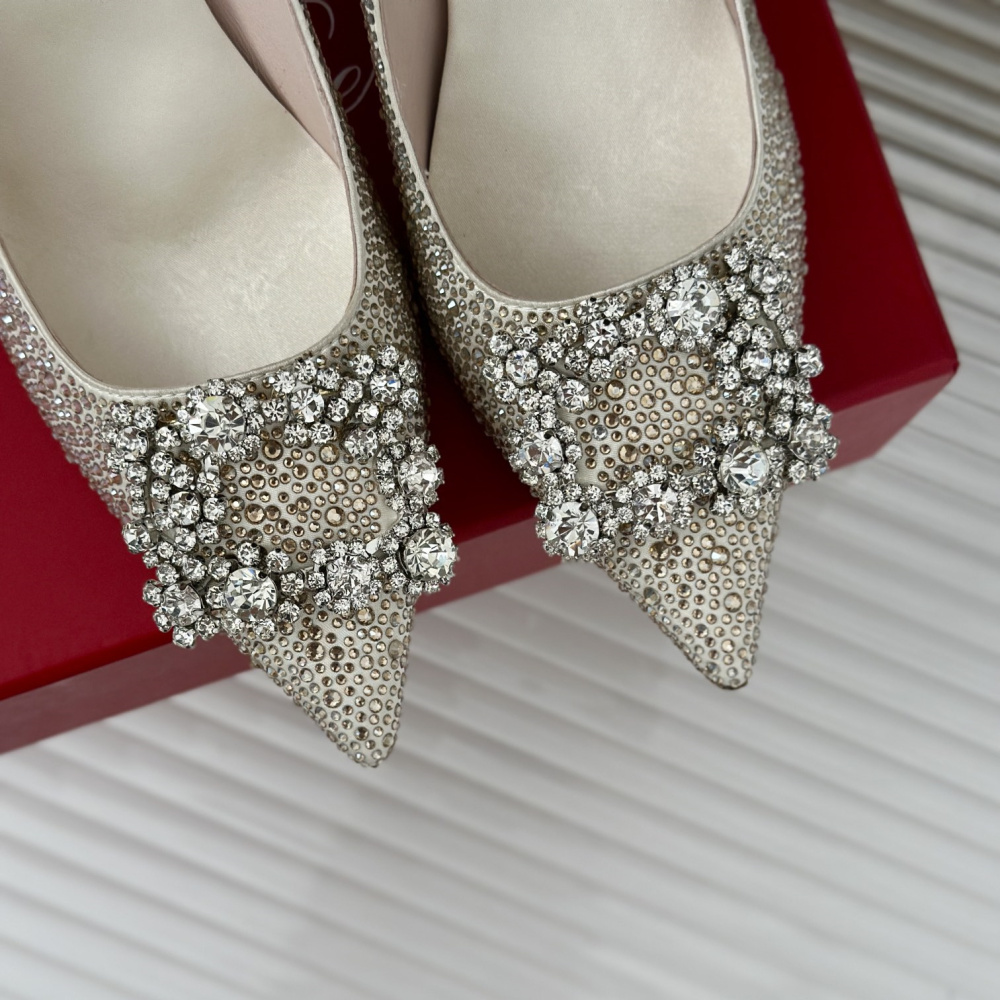 高仿RogerVivier*RVW4194雪花水鑽高踭鞋米白8.5CM免檢版