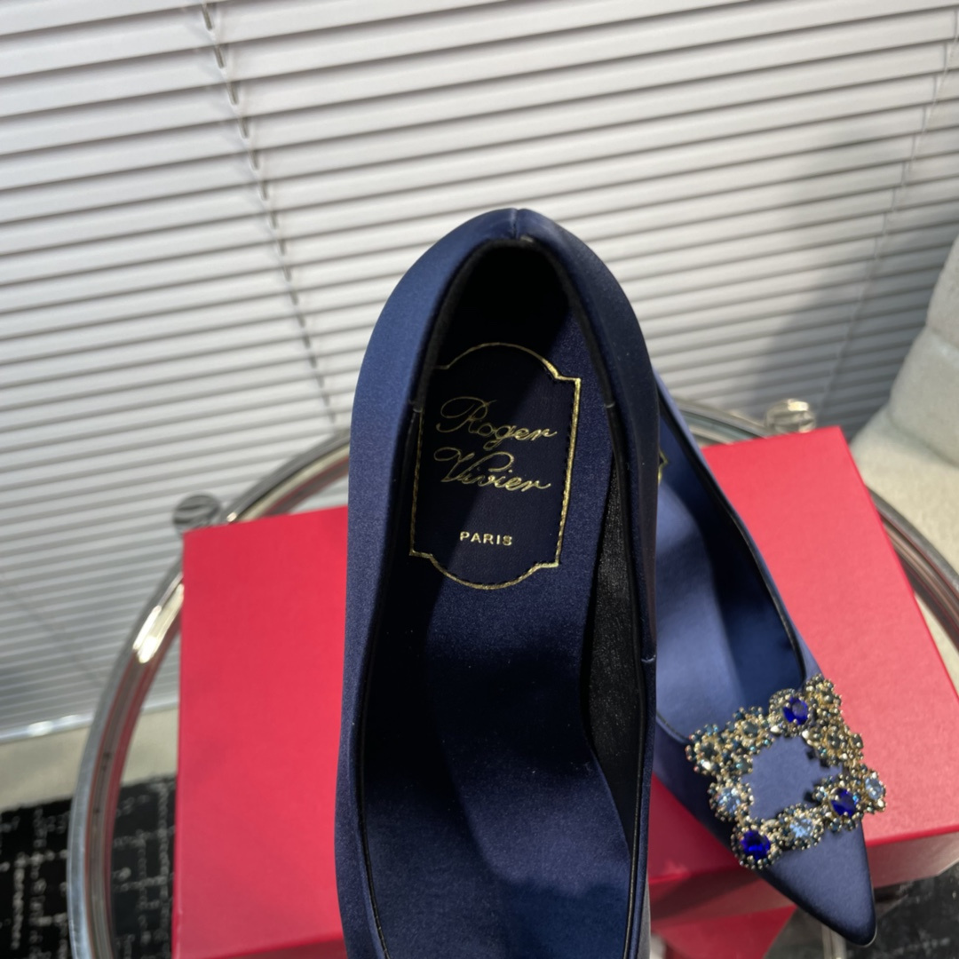 高仿RogerVivier*RVW4145水鑽真絲高踭鞋藍色6.5CM免檢版