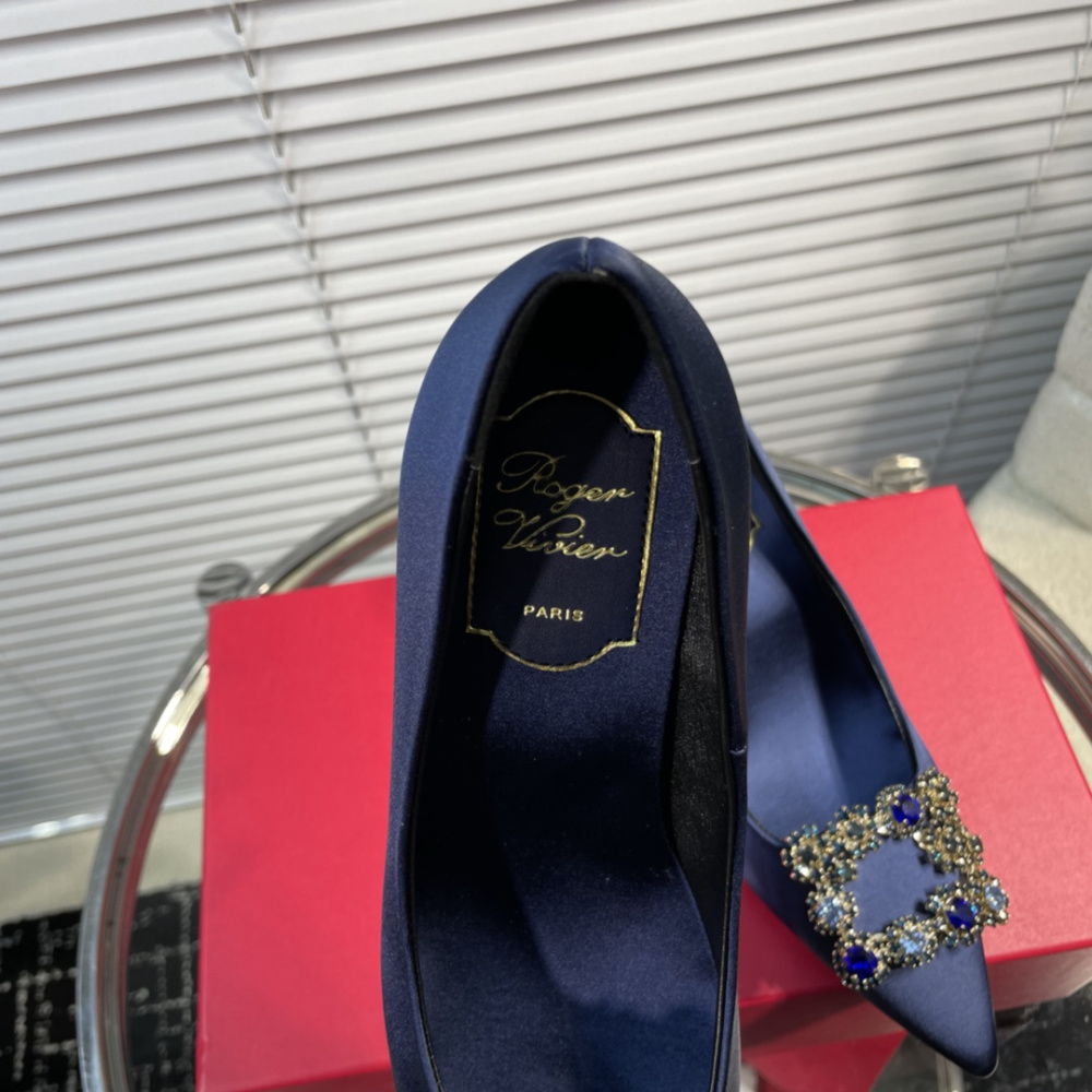 高仿RogerVivier*RVW4145水鑽真絲高踭鞋藍色6.5CM免檢版