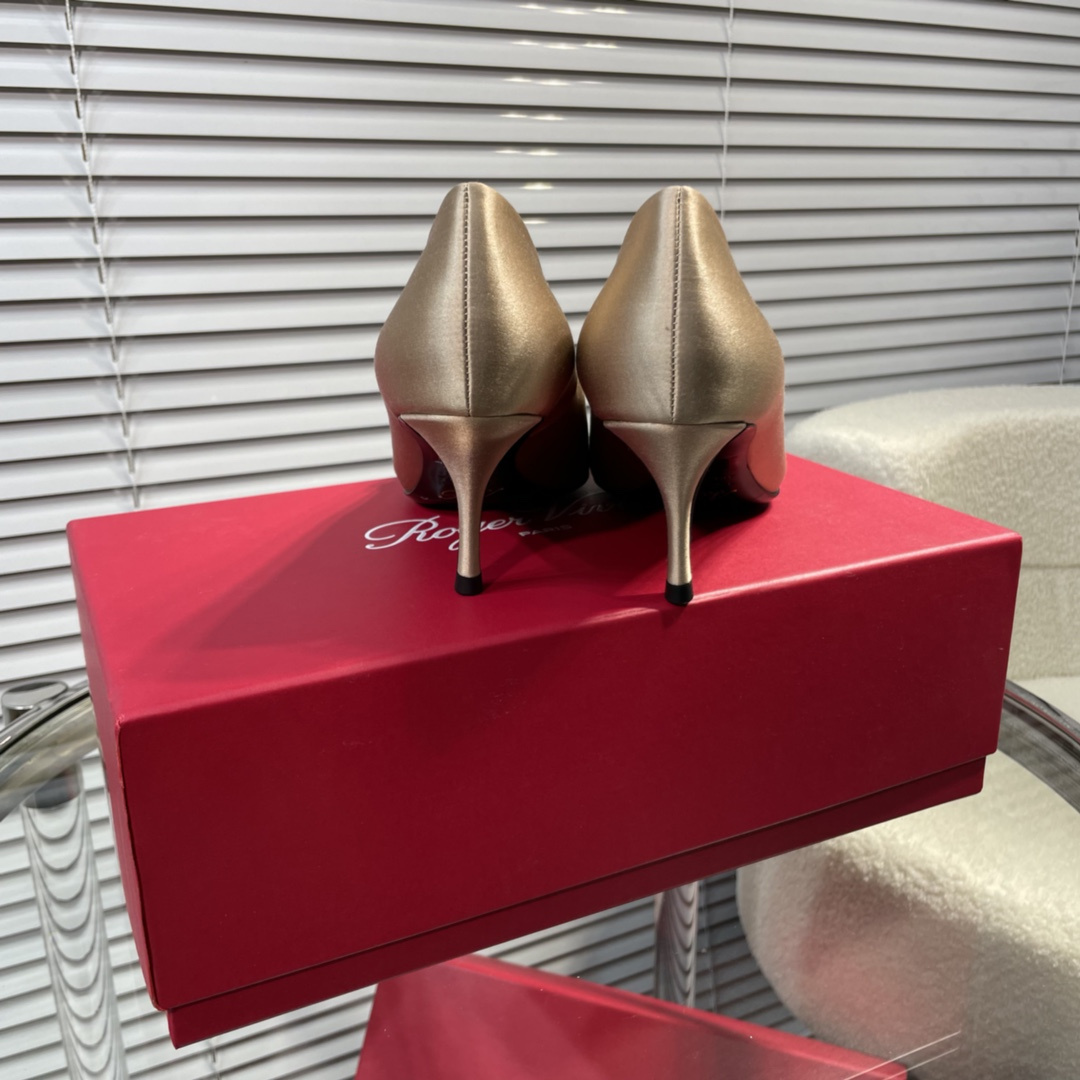 高仿RogerVivier*RVW4142水鑽真絲高踭鞋銅色6.5CM免檢版