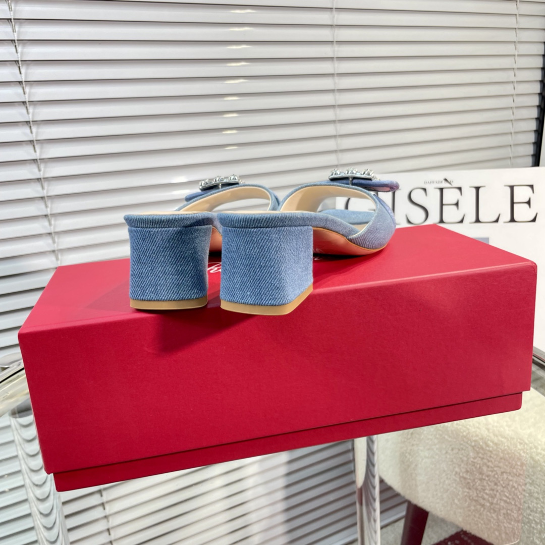 高仿RogerVivier*RVW5363鑽扣一字拖鞋牛仔布4.5CM免檢版