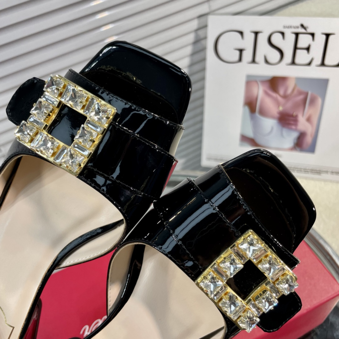 高仿RogerVivier*RVW5364鑽扣一字拖鞋漆皮黑色4.5CM免檢版