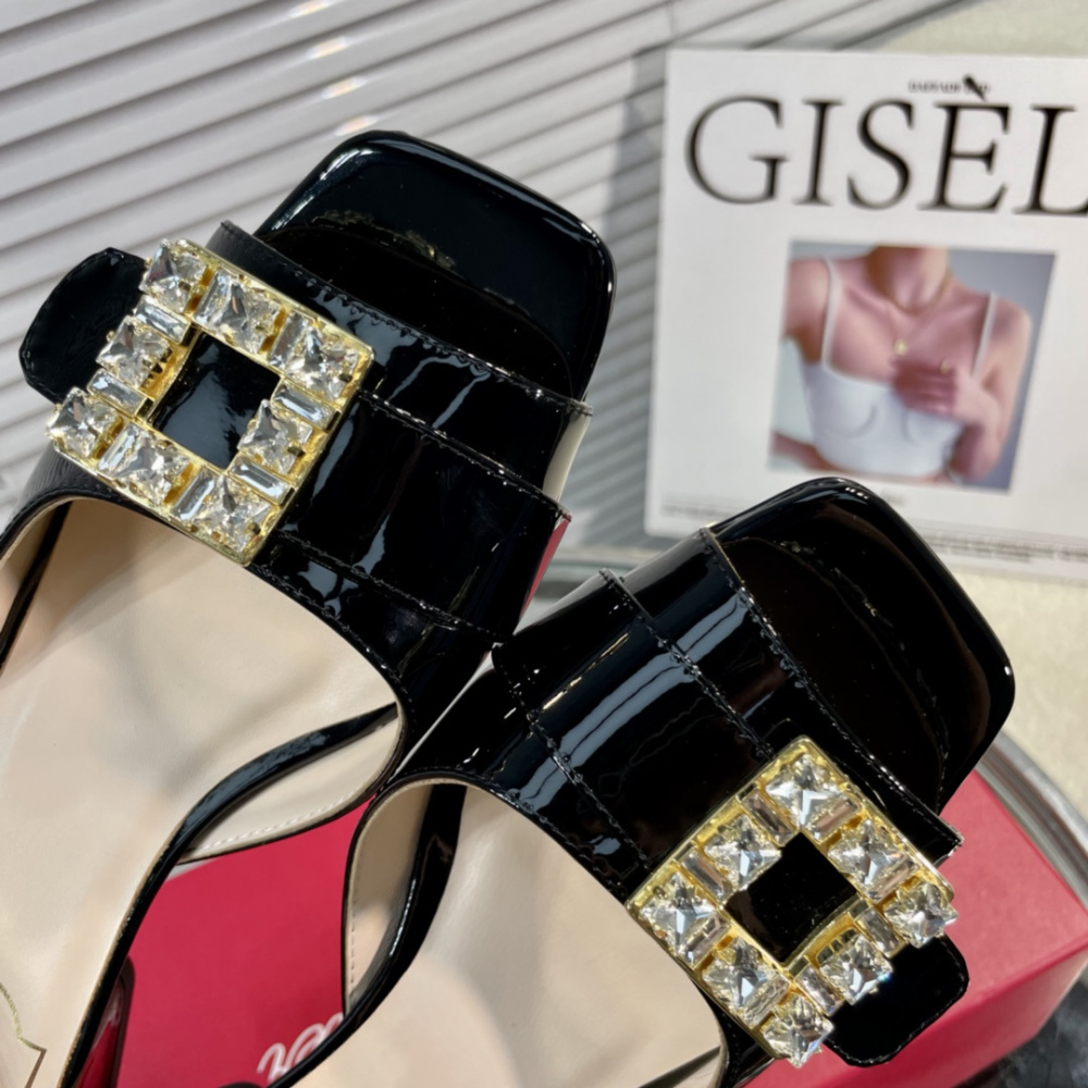 高仿RogerVivier*RVW5364鑽扣一字拖鞋漆皮黑色4.5CM免檢版