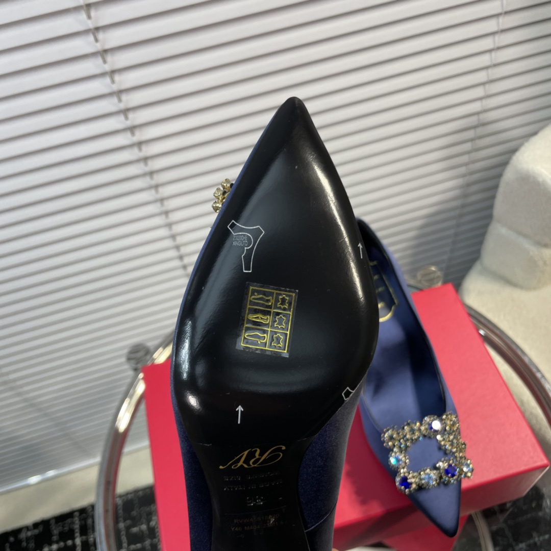 高仿RogerVivier*RVW4145水鑽真絲高踭鞋藍色6.5CM免檢版