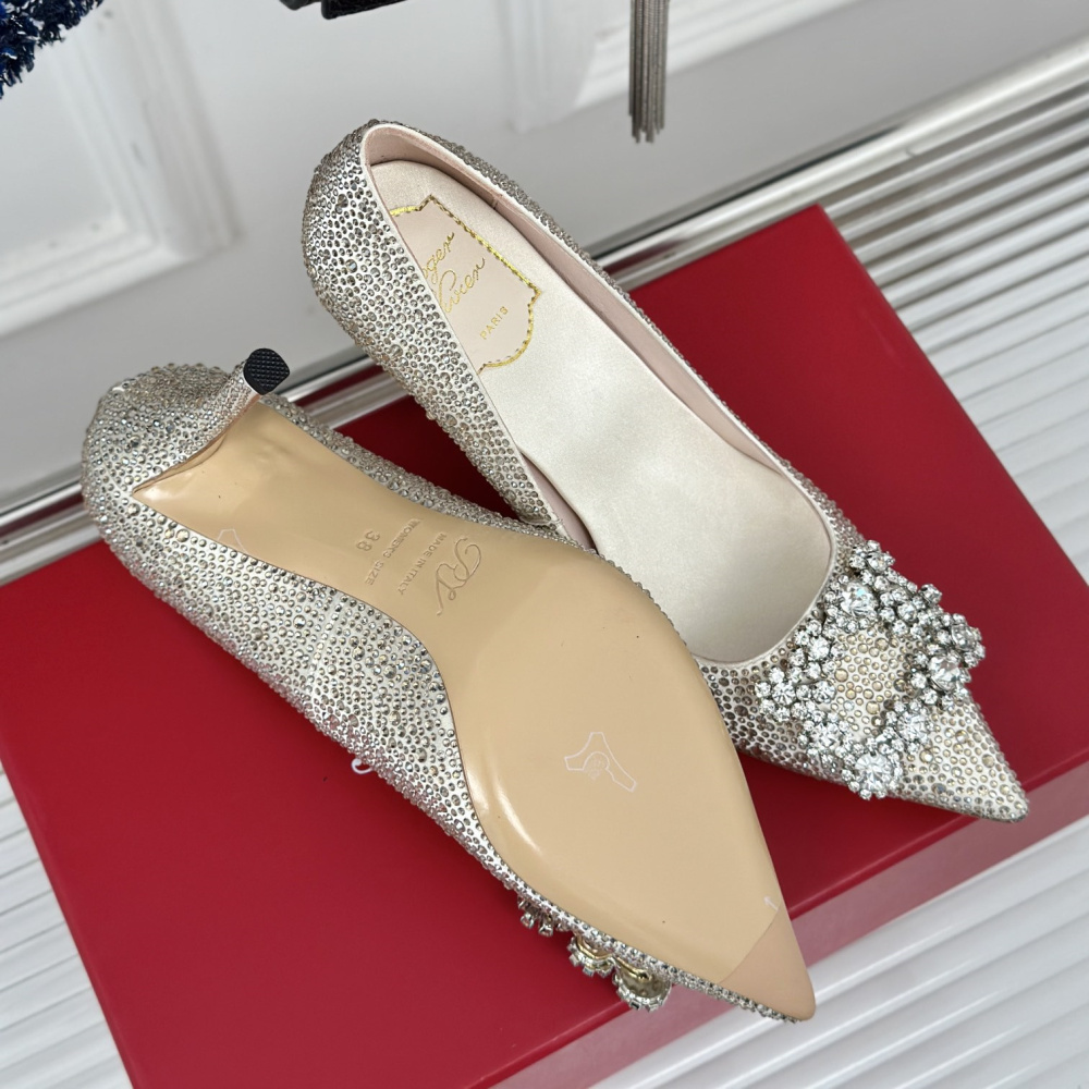 高仿RogerVivier*RVW4194雪花水鑽高踭鞋米白8.5CM免檢版