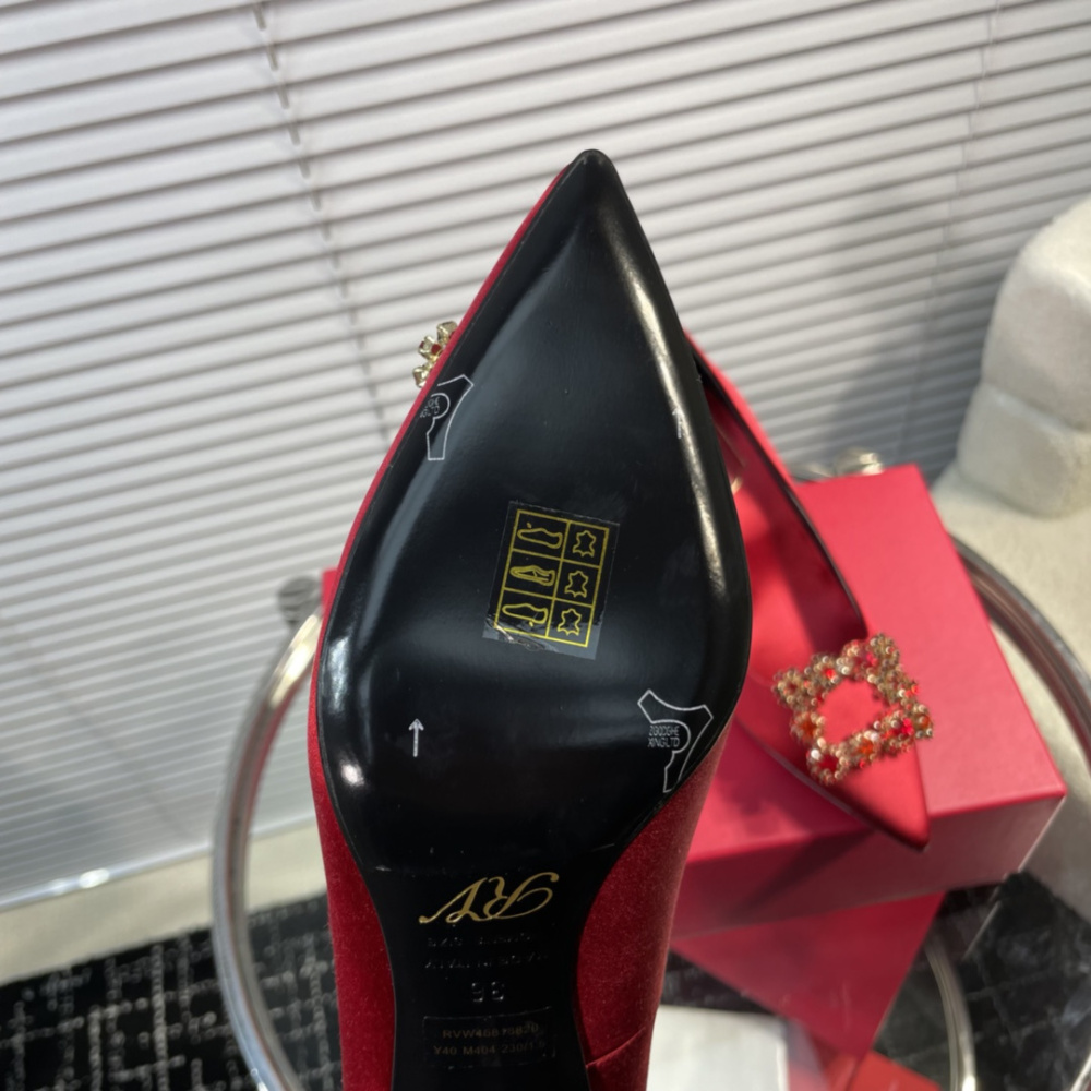 高仿RogerVivier*RVW4143水鑽真絲高踭鞋紅色6.5CM免檢版