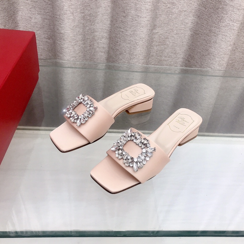 高仿RogerVivier*RVW5545鑽扣絲緞拖鞋粉色3CM免檢版