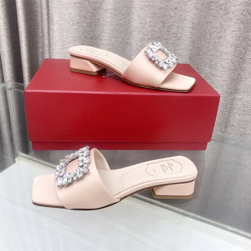 高仿RogerVivier*RVW5545鑽扣絲緞拖鞋粉色3CM免檢版