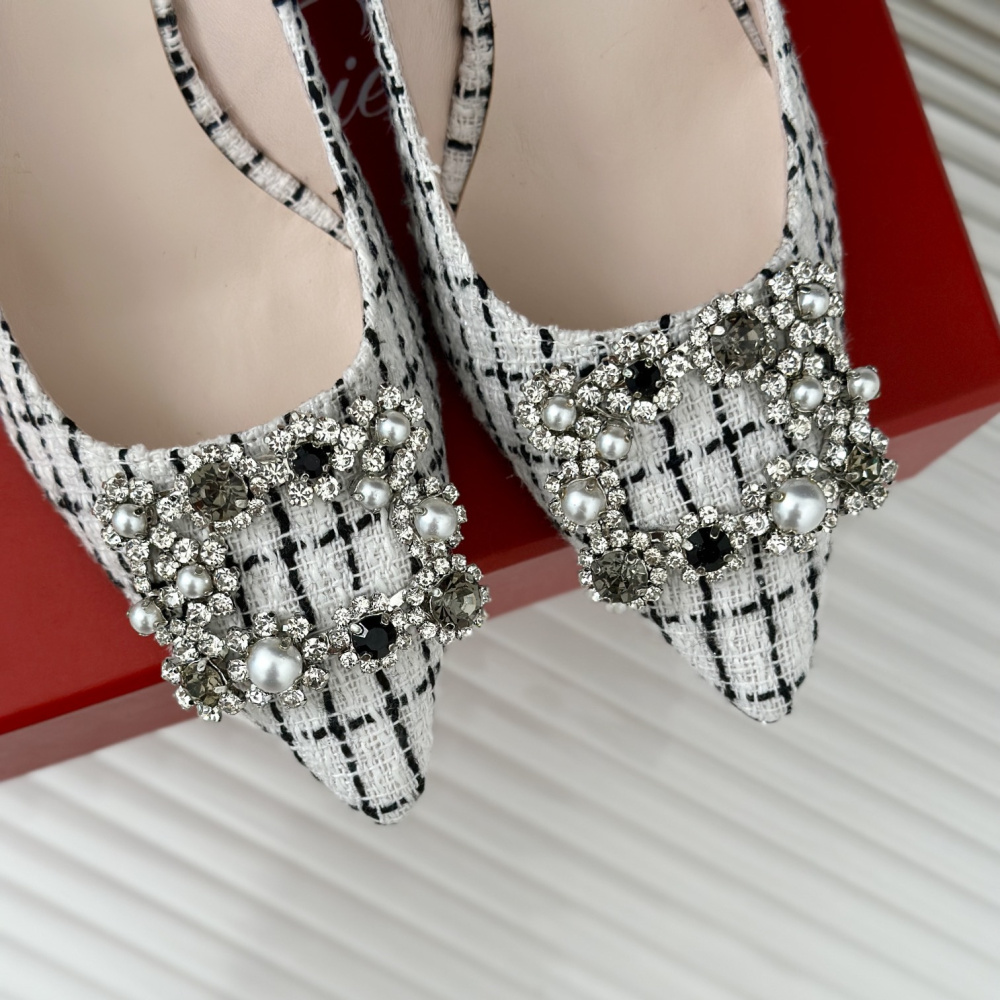 高仿RogerVivier*RVW4044尖頭水鑽針織帆布白色6.5CM免檢版