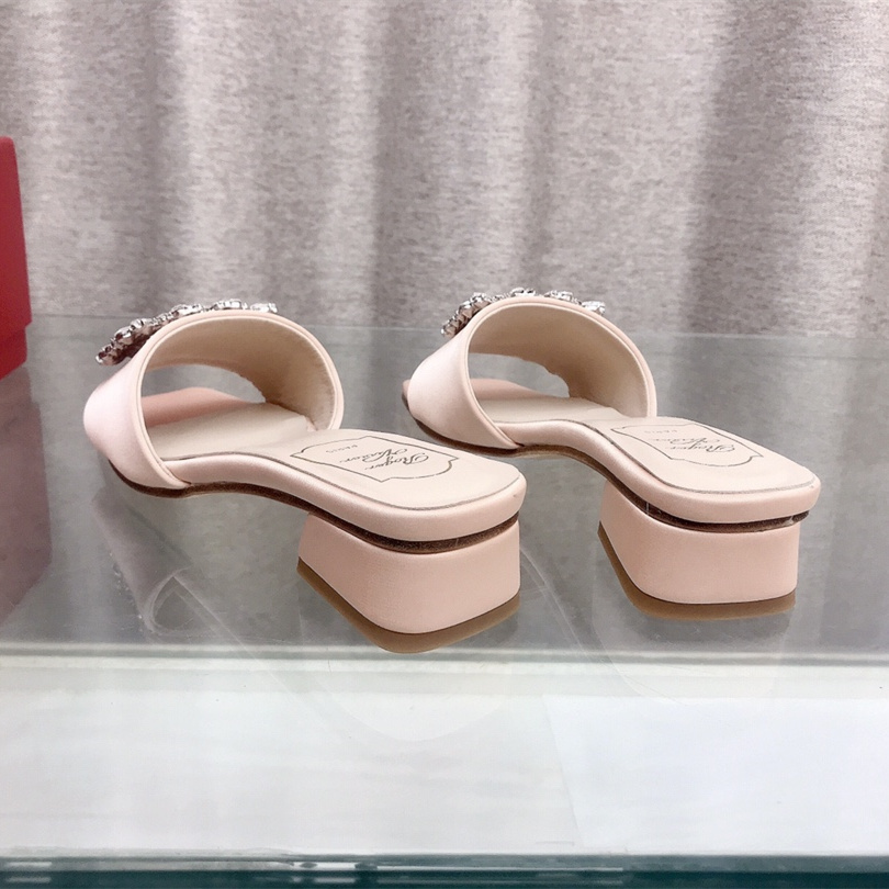 高仿RogerVivier*RVW5545鑽扣絲緞拖鞋粉色3CM免檢版