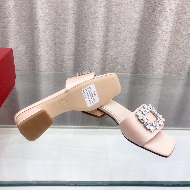 高仿RogerVivier*RVW5545鑽扣絲緞拖鞋粉色3CM免檢版