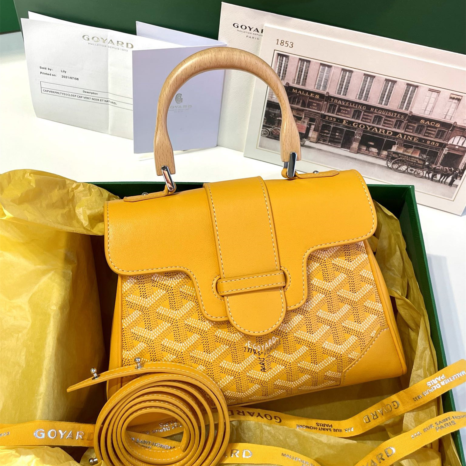 高仿Goyard*SAIGONW櫸木手柄單肩包黃色免檢版