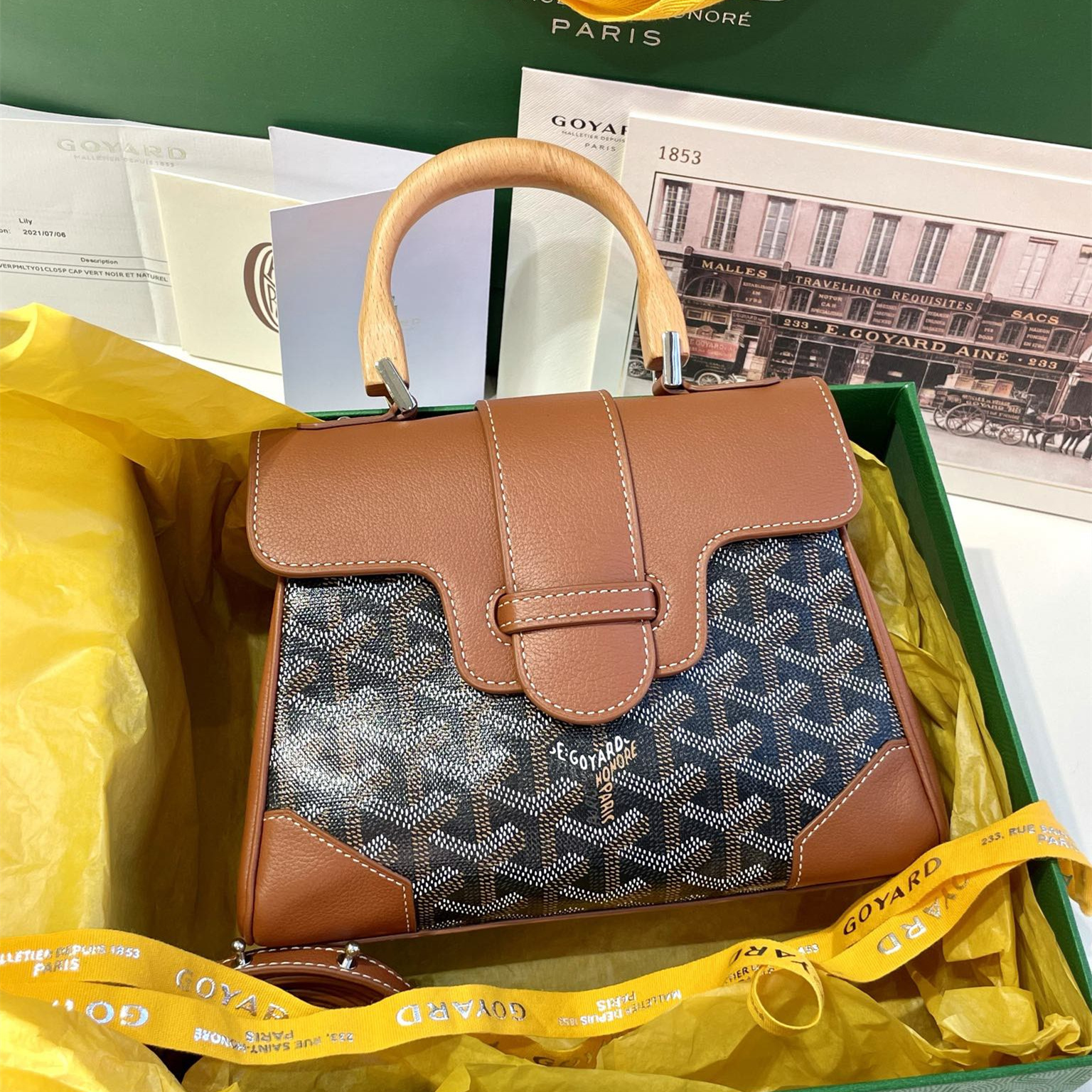 高仿Goyard*SAIGONQ櫸木手柄單肩包棕色免檢版