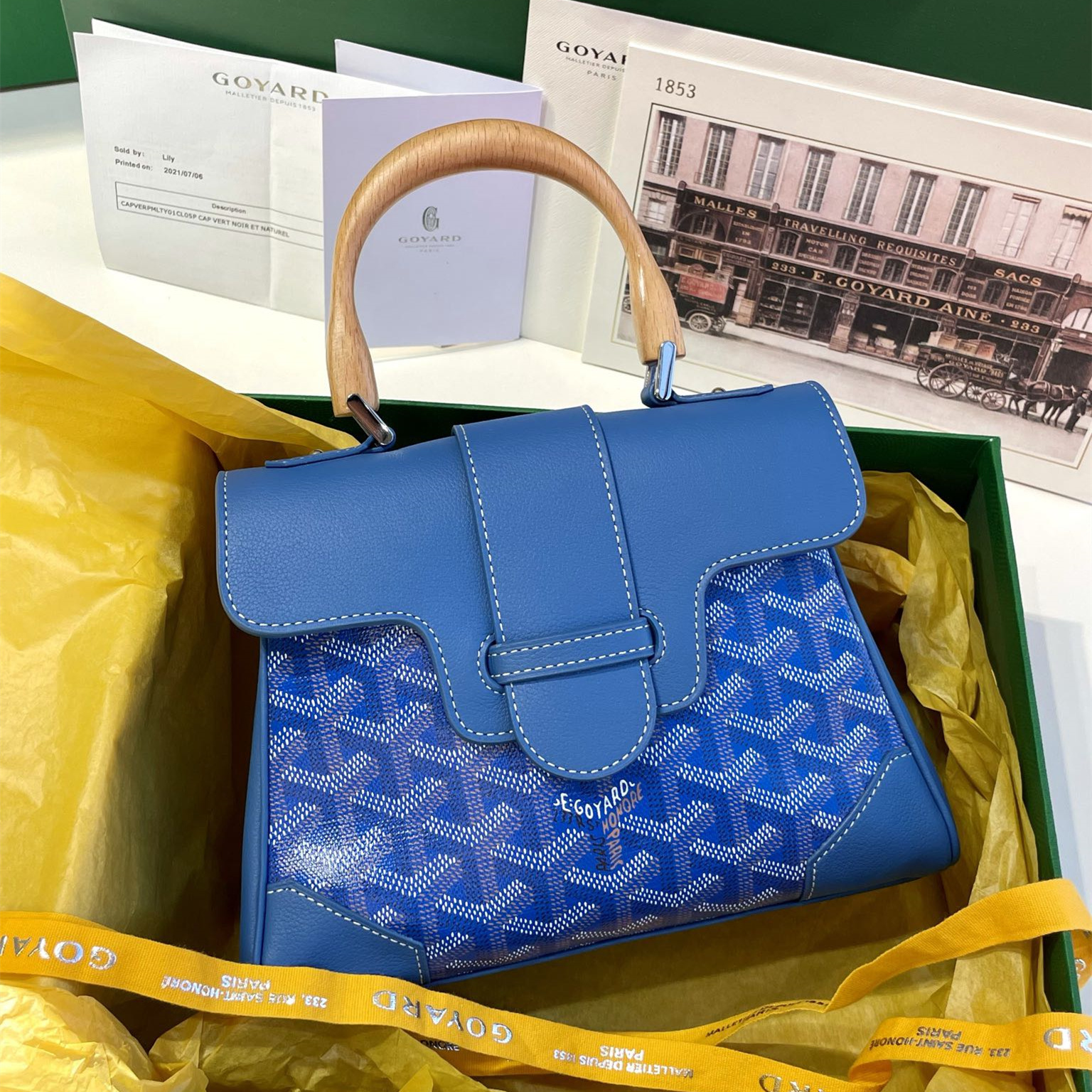 高仿Goyard*SAIGONG櫸木手柄單肩包藍色免檢版