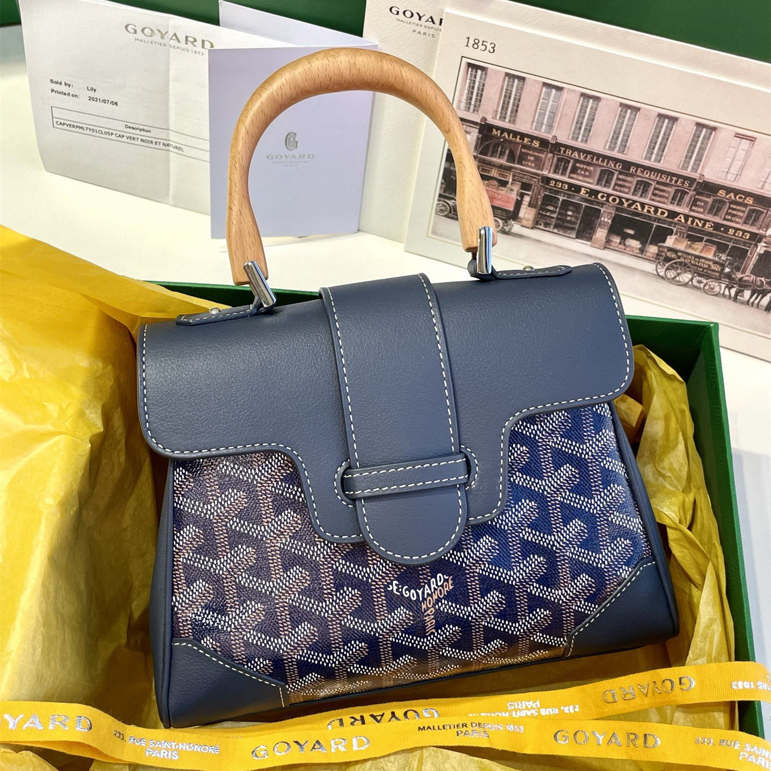 高仿Goyard*SAIGONP櫸木手柄單肩包深藍免檢版