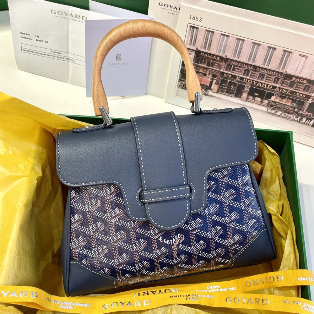 高仿Goyard*SAIGONP櫸木手柄單肩包深藍免檢版