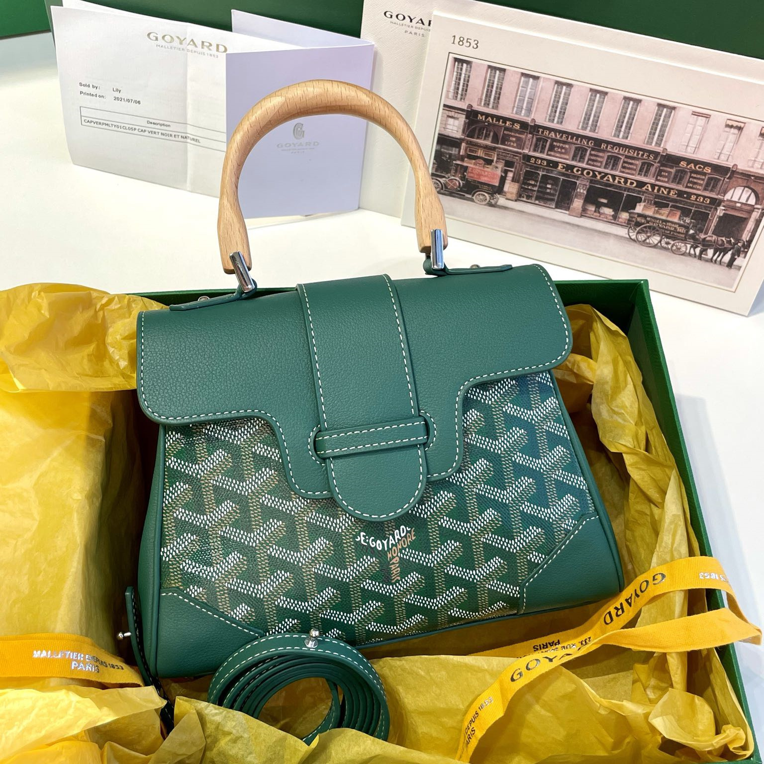 高仿Goyard*SAIGONR櫸木手柄單肩包綠色免檢版