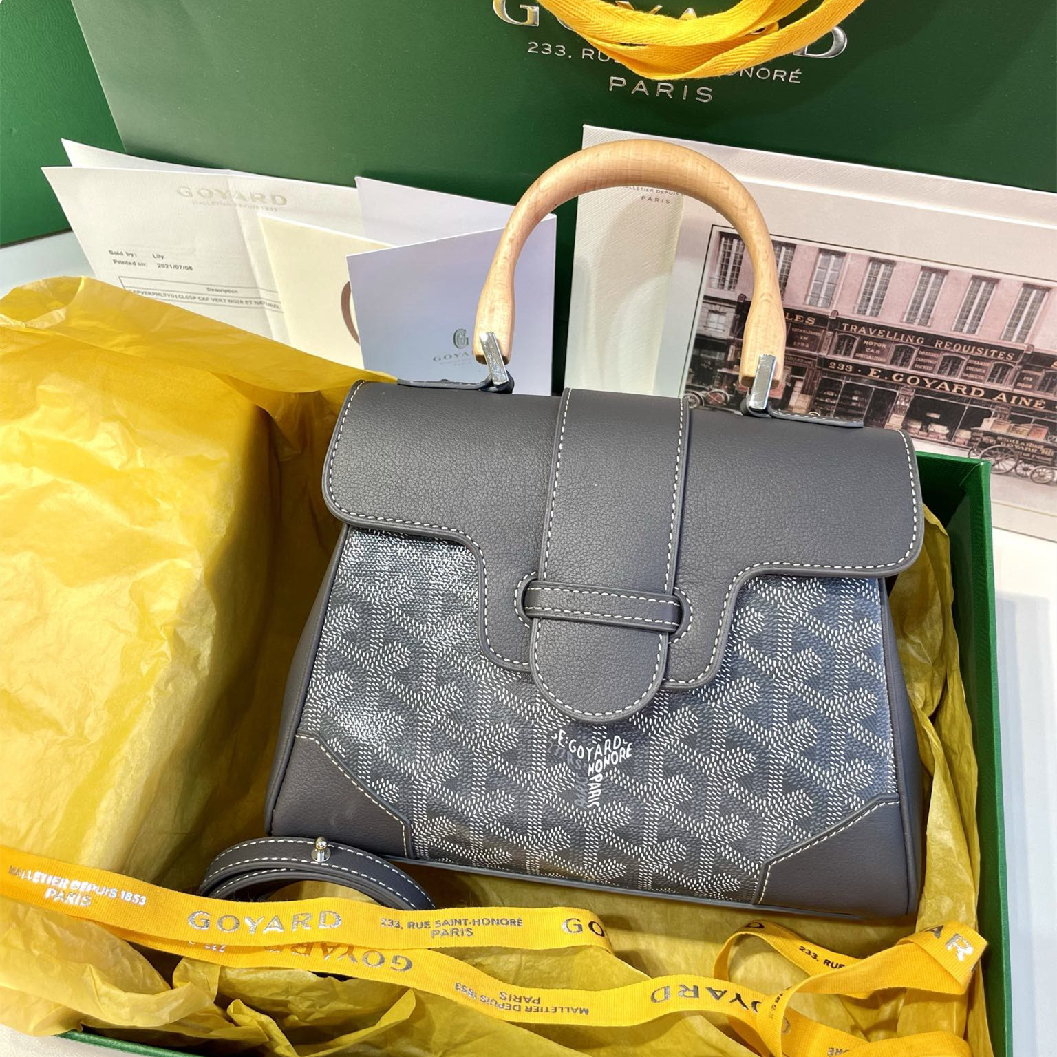 高仿Goyard*SAIGONB櫸木手柄單肩包灰色免檢版