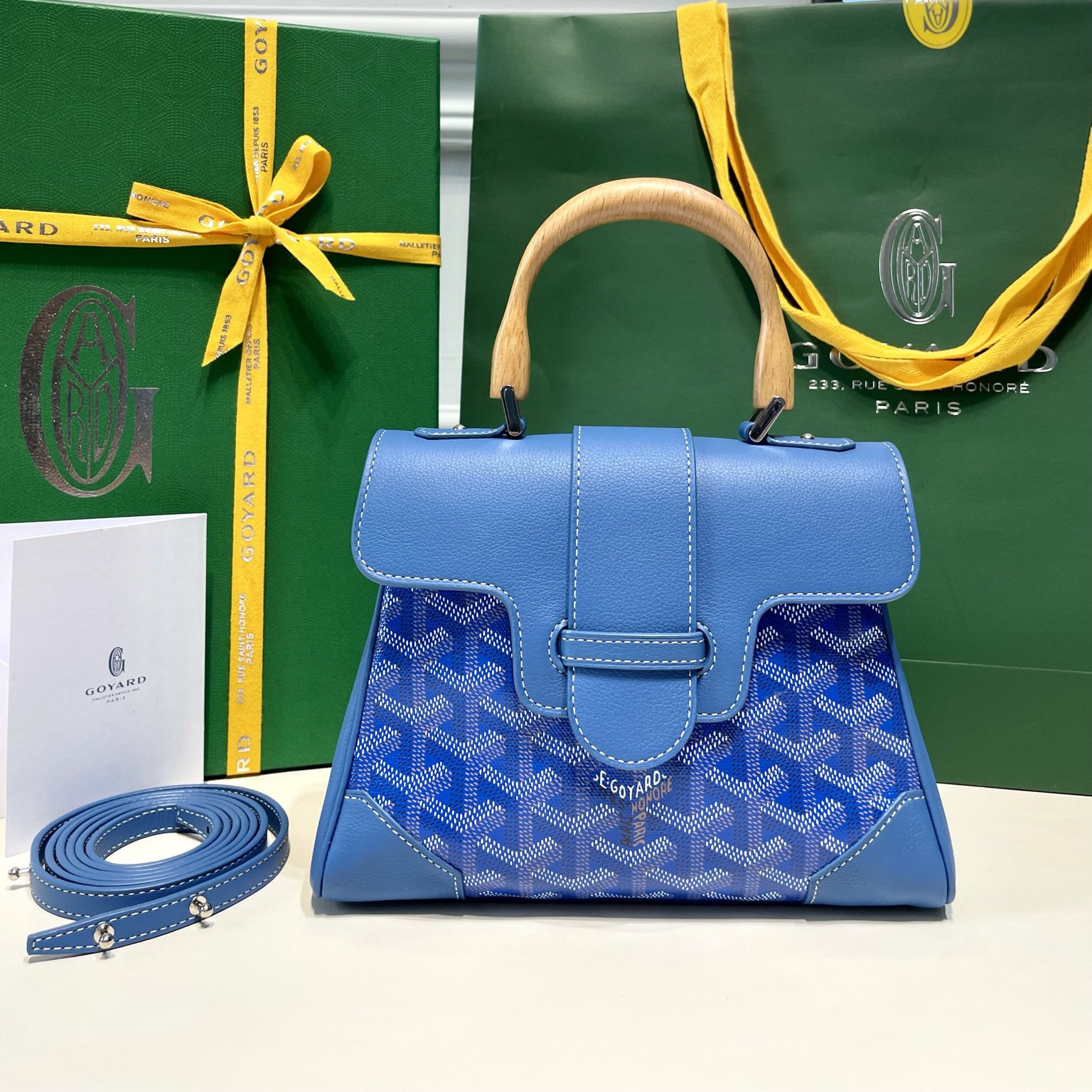 高仿Goyard*SAIGONG櫸木手柄單肩包藍色免檢版
