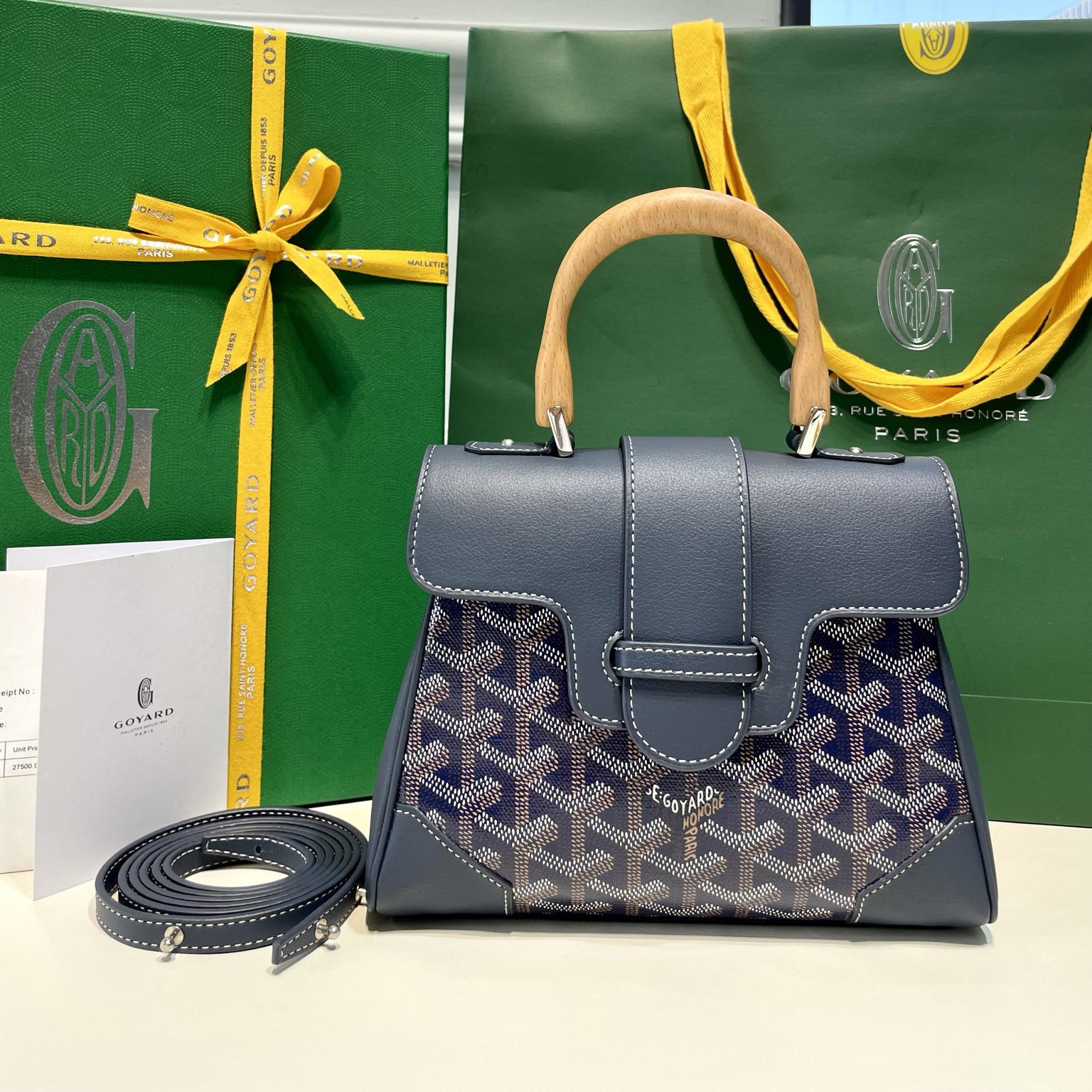 高仿Goyard*SAIGONP櫸木手柄單肩包深藍免檢版
