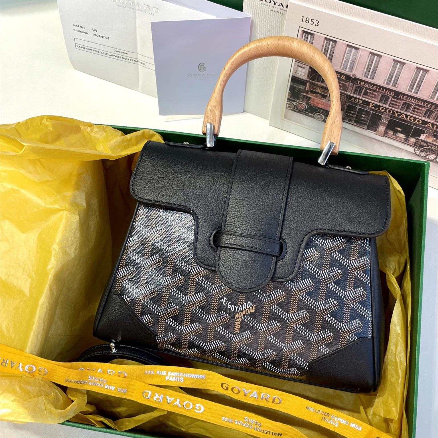 高仿Goyard*SAIGONM櫸木手柄單肩包黑色免檢版