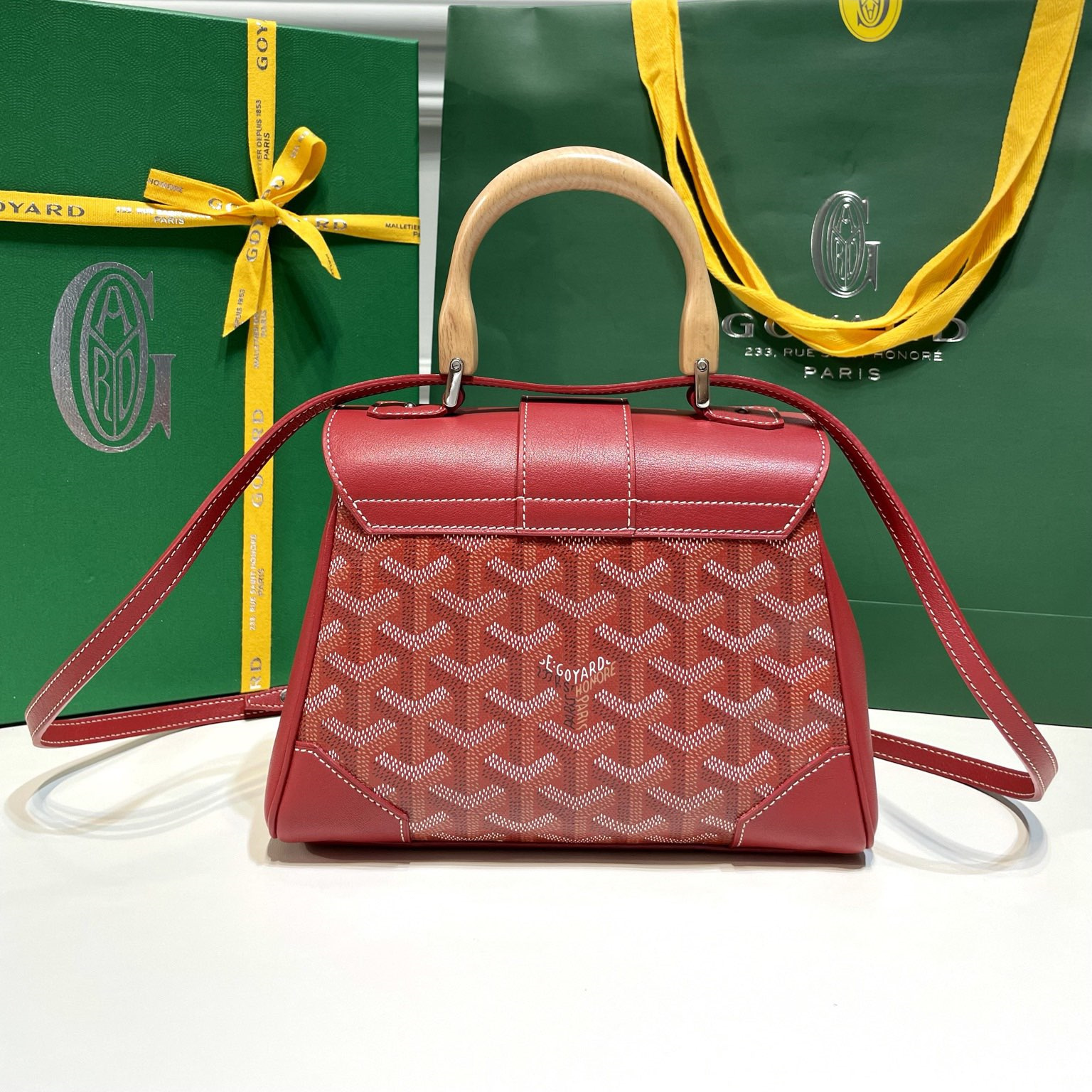 高仿Goyard*SAIGONY櫸木手柄單肩包紅色免檢版
