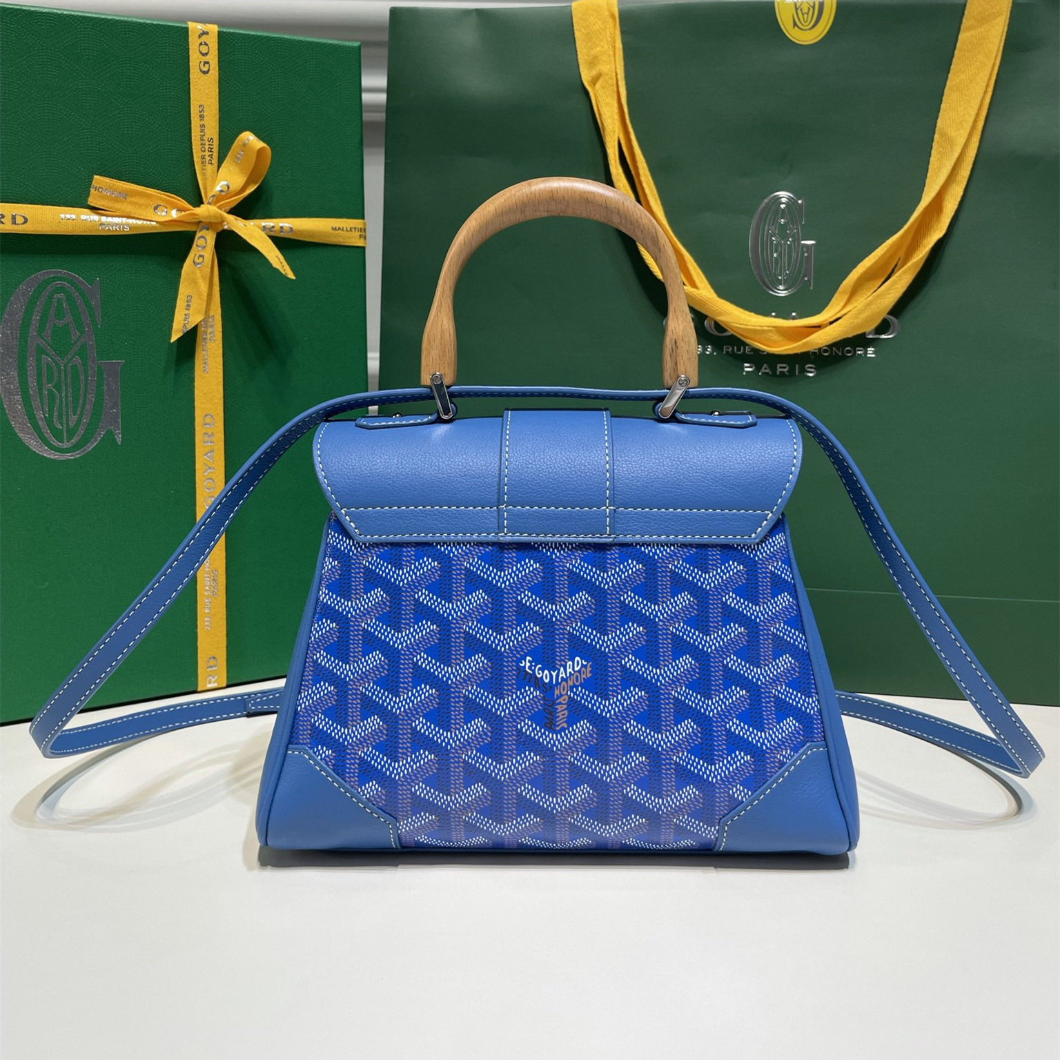 高仿Goyard*SAIGONG櫸木手柄單肩包藍色免檢版