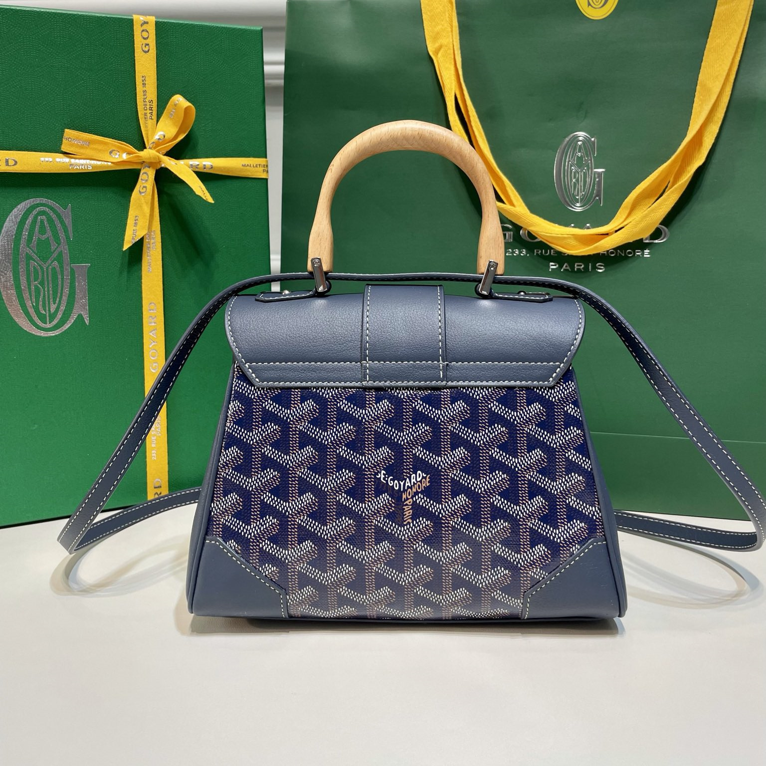高仿Goyard*SAIGONP櫸木手柄單肩包深藍免檢版
