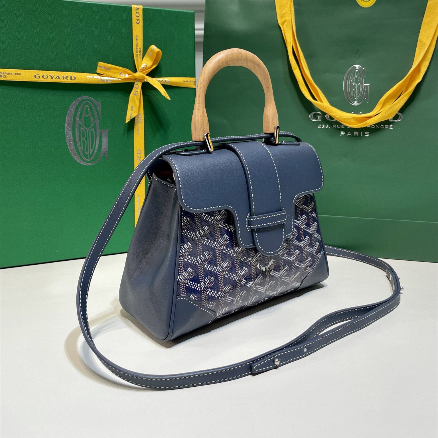 高仿Goyard*SAIGONP櫸木手柄單肩包深藍免檢版
