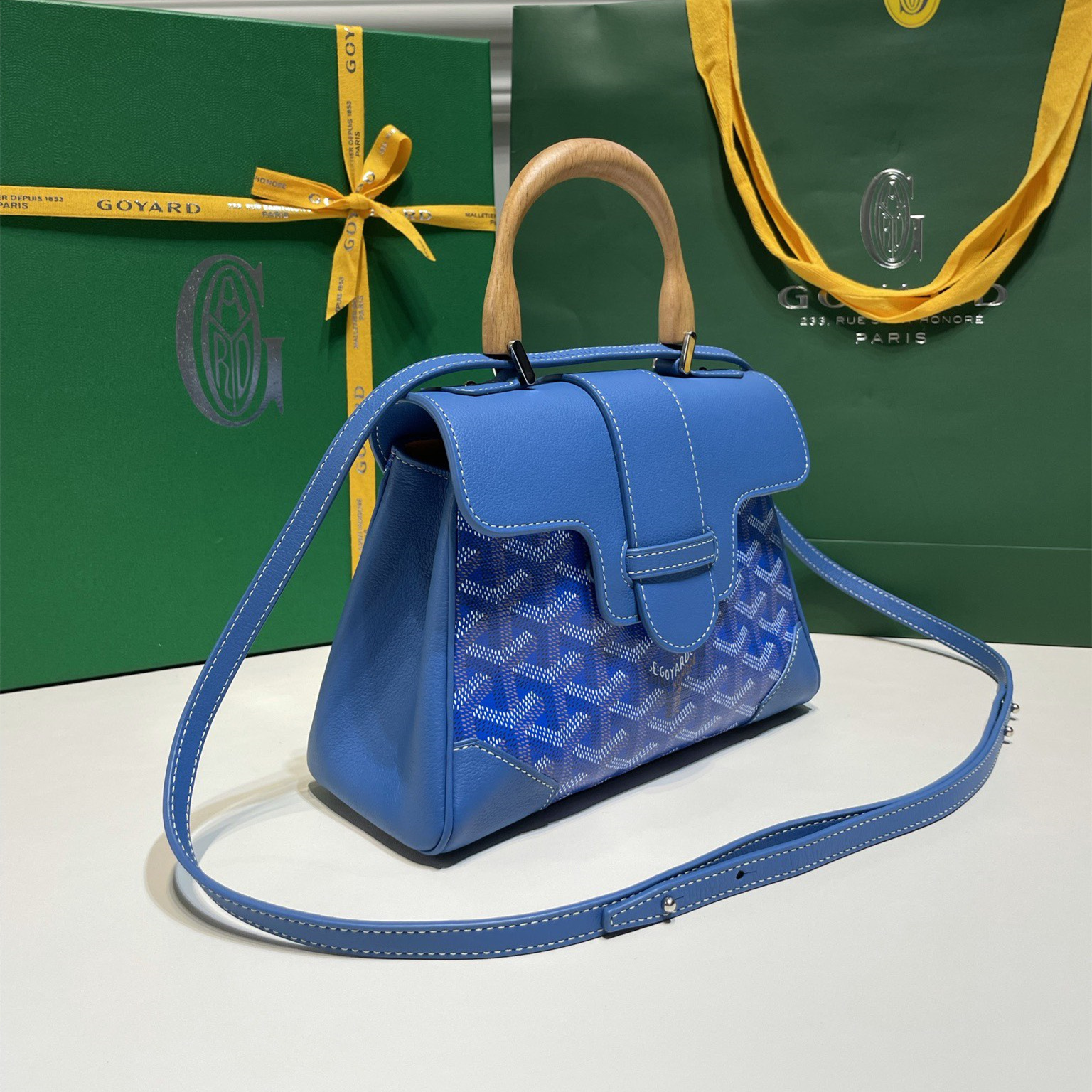 高仿Goyard*SAIGONG櫸木手柄單肩包藍色免檢版