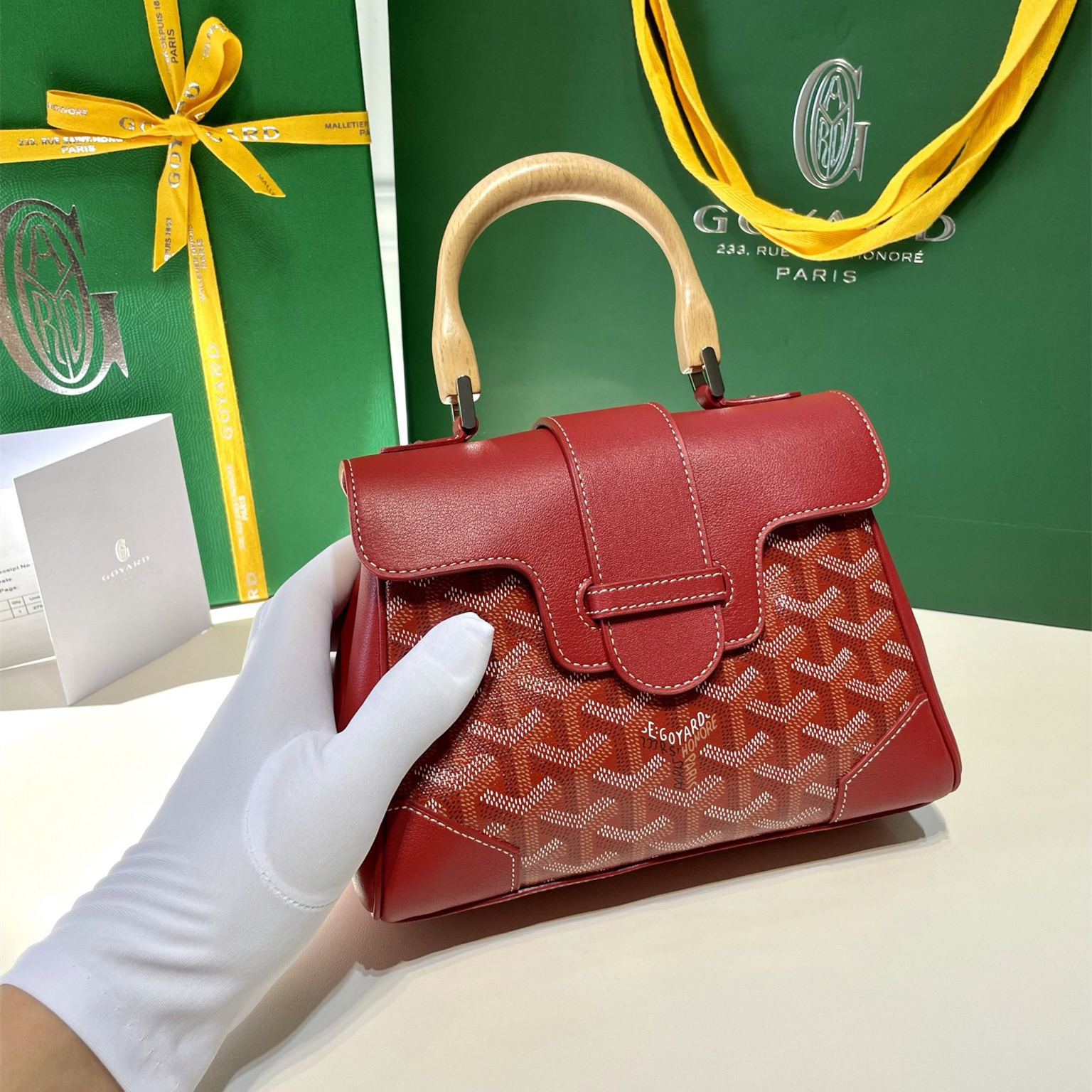 高仿Goyard*SAIGONY櫸木手柄單肩包紅色免檢版