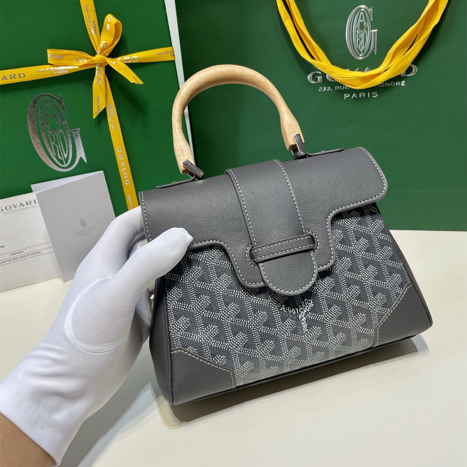 高仿Goyard*SAIGONB櫸木手柄單肩包灰色免檢版