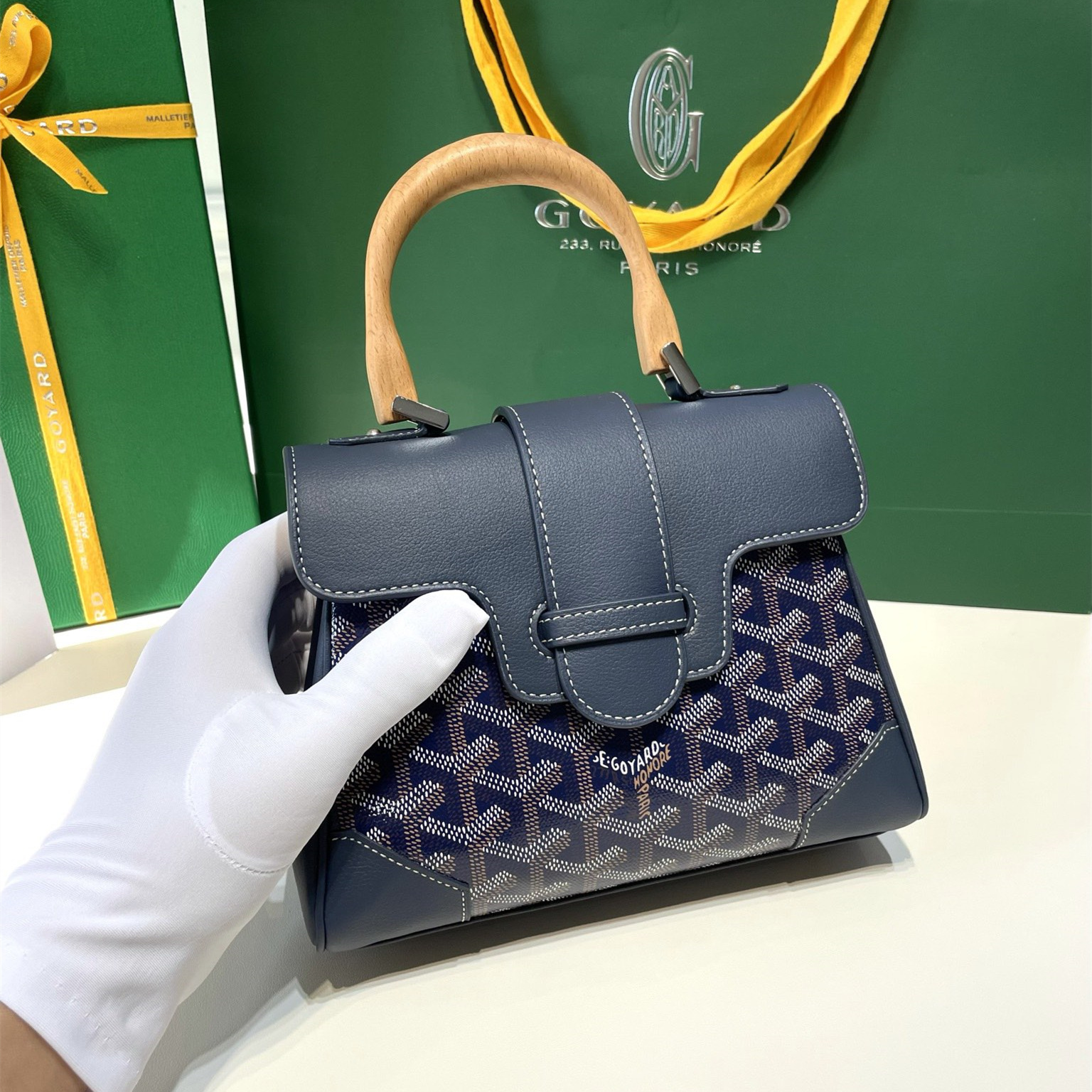 高仿Goyard*SAIGONP櫸木手柄單肩包深藍免檢版