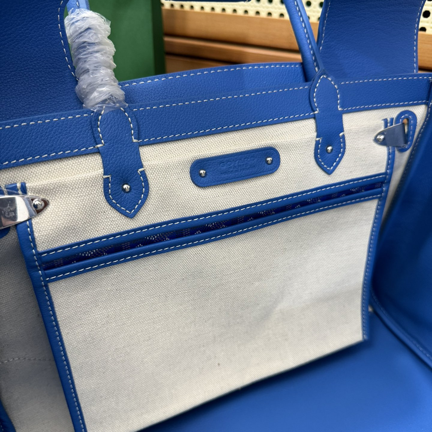 高仿Goyard*SAIGOC9手提托特包雙拼藍色大號免檢版