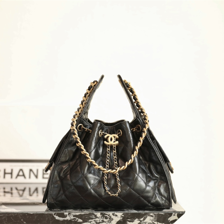 高仿Chanel*25P系列AS5293亮面牛皮單肩購物袋小號黑色免檢版